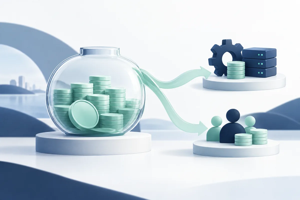 준비자산 수익과 비용·파트너 지급을 나누어 표현한 삽화