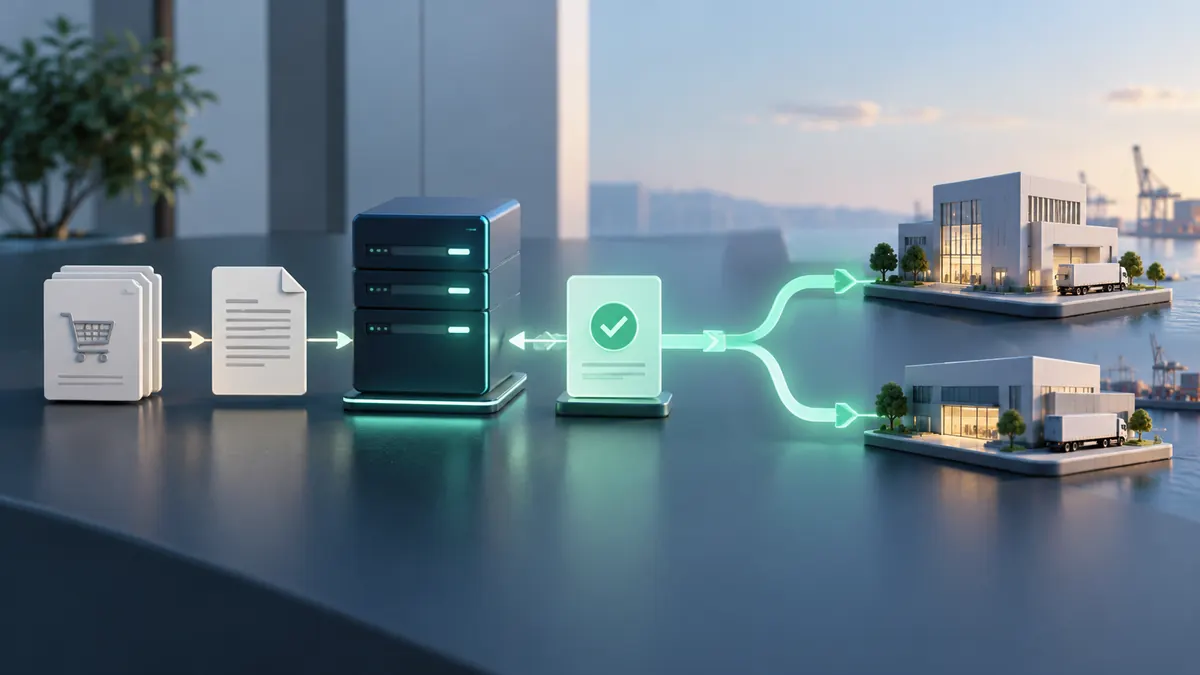 SAP USDC 결제를 주문 승인과 해외 공급사 정산 흐름으로 표현한 개념 삽화